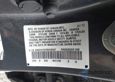 2011 Honda Civic Ex z USA, uszkodzony, nr VIN 2HGFA1F87BH540567